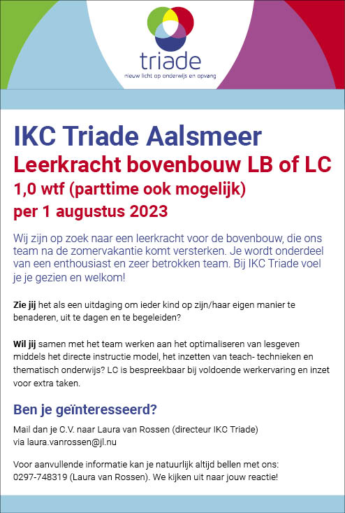Vacature Leerkracht bovenbouw LB of LC