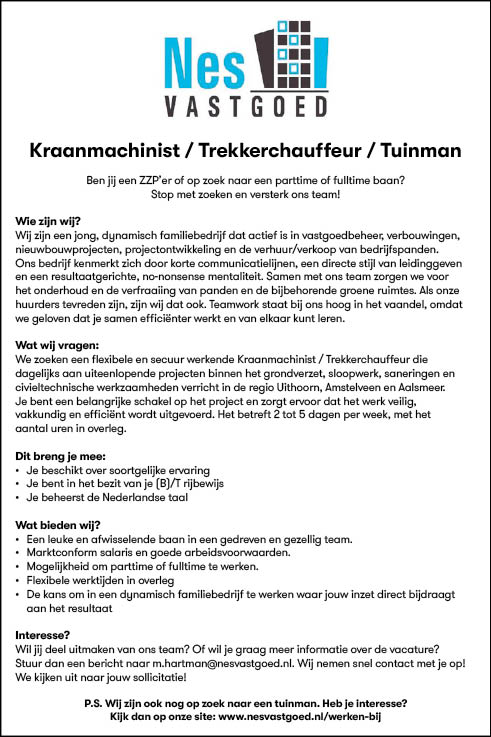 Vacature Kraanmachinist / Trekkerchauffeur / Tuinman