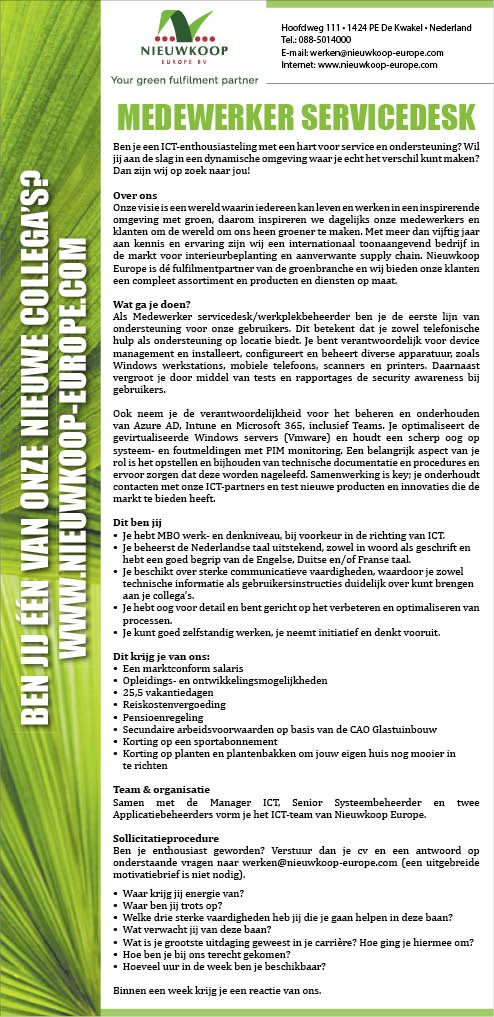 Vacature Medewerker servicedesk