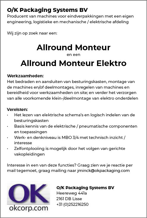Vacature Allround monteur & Allround monteur elektro