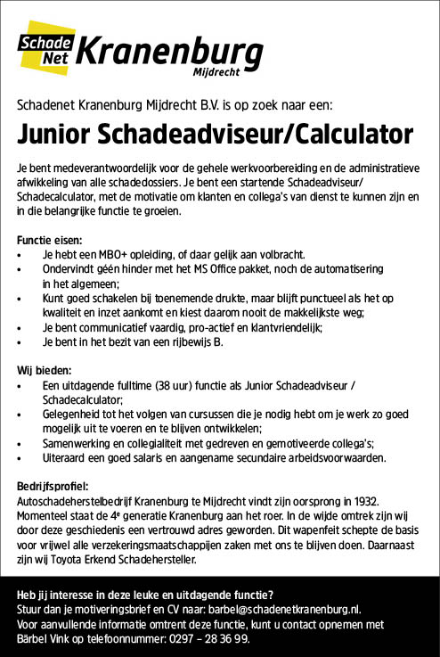 Vacature Junior Schadeadviseur/Calculator