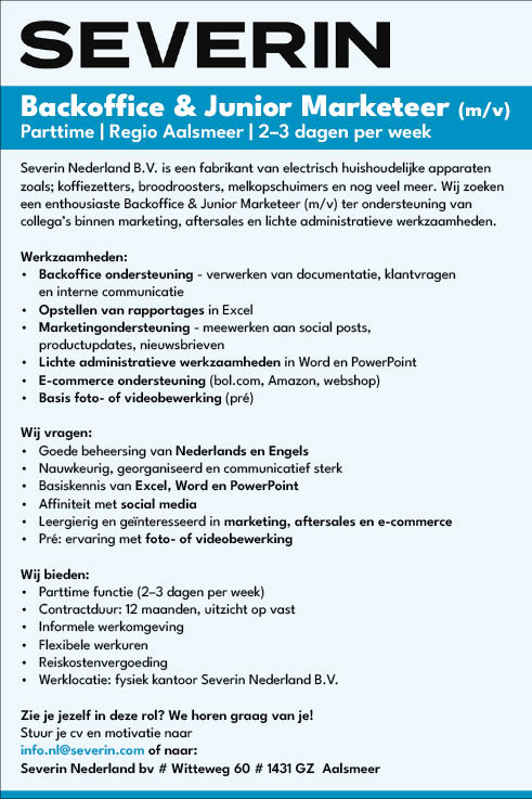 Vacature Backoffice & junior marketeer