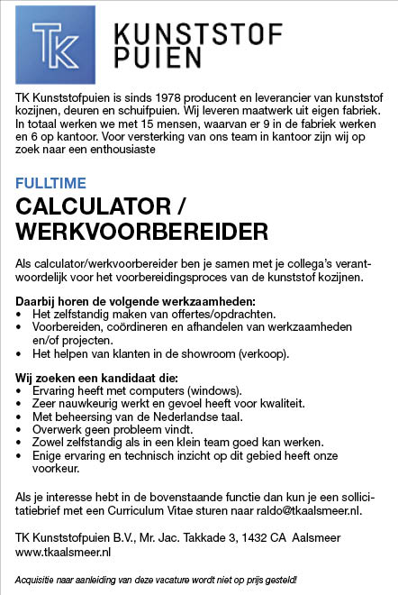 Vacature Calculator / Werkvoorbereider