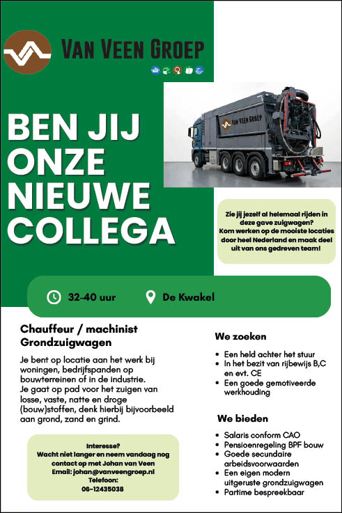 Vacature Chauffeur / machinist Grondzuigwagen