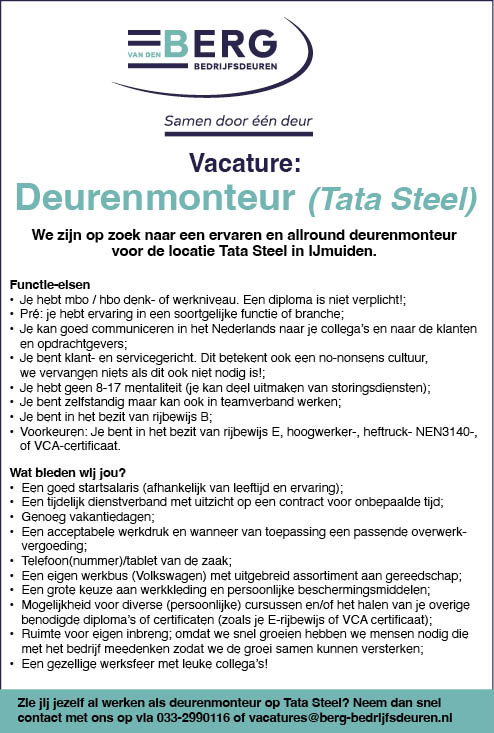 Vacature Deurenmonteur (Tata Steel)